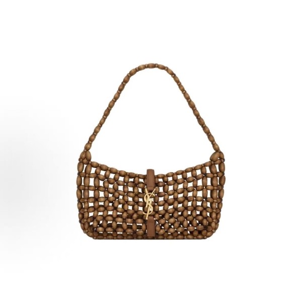 SAINT LAURENT YSL LE5A7 beaded handbag for women, light wood color with brick red